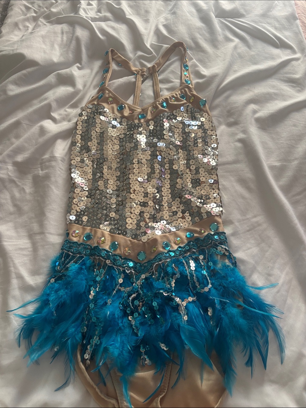 Glamour Teal and Champagne Sequin Feather Dance Costume